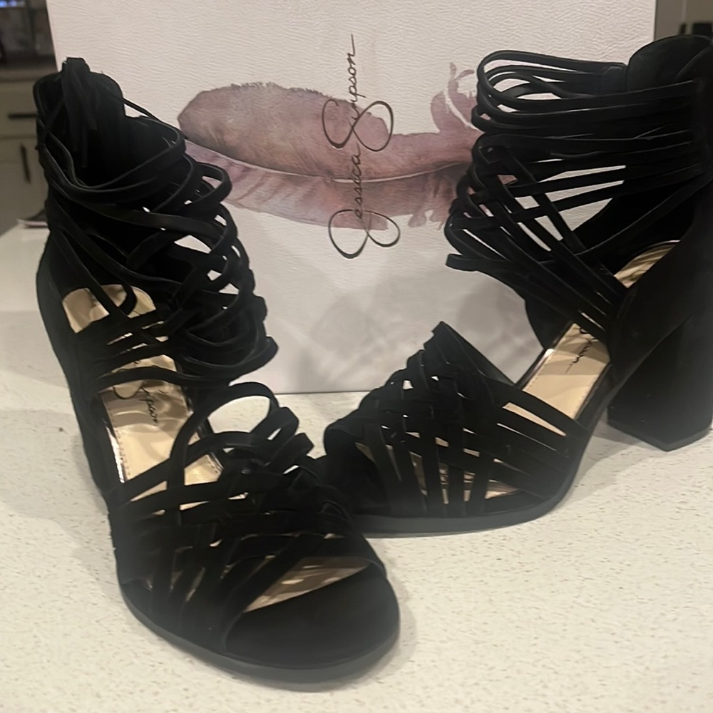 Jessica Simpson Black Lux Kid Suede 8 Reilynn Chunky Heel Strappy